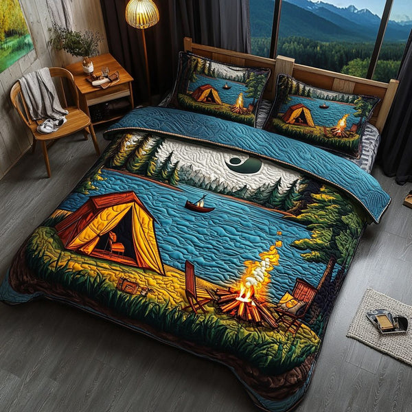 Forest Hideaway quilted 3-piece bedding set on a made bed with two matching pillow shams