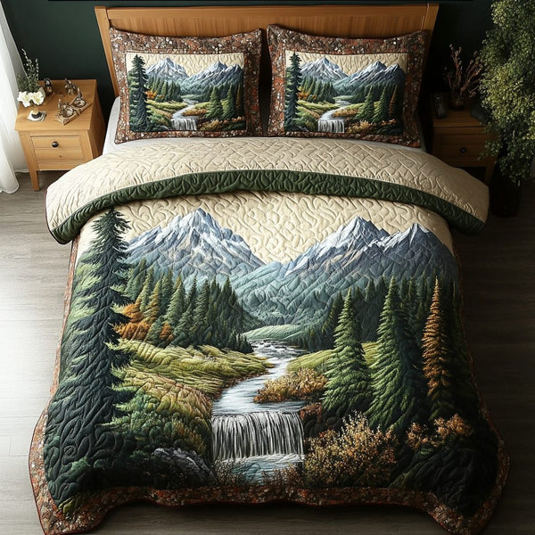 Forest Horizon quilted 3-piece bedding set on a made bed with two matching pillow shams