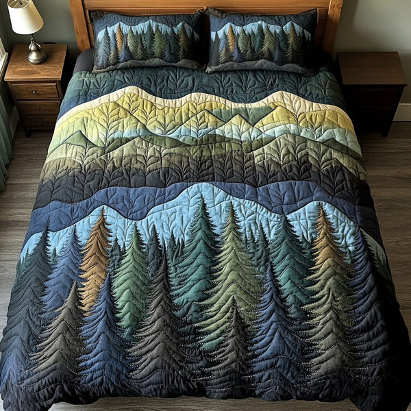 Forest Horizon quilted 3-piece bedding set on a made bed with two matching pillow shams