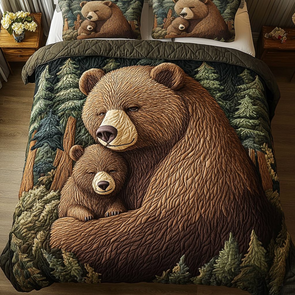 Forest Hug quilted 3-piece bedding set on a made bed with two matching pillow shams