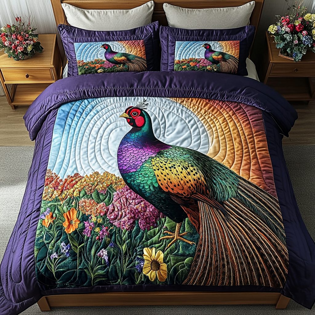 Forest Jewel quilted 3-piece bedding set on a made bed with two matching pillow shams