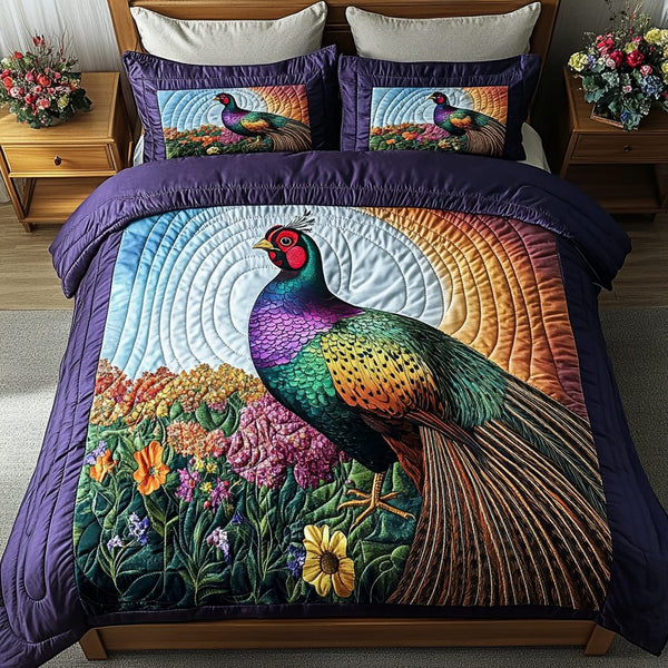 Forest Jewel quilted 3-piece bedding set on a made bed with two matching pillow shams