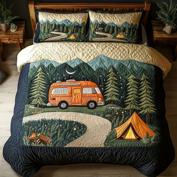 Forest Journey quilted 3-piece bedding set on a made bed with two matching pillow shams