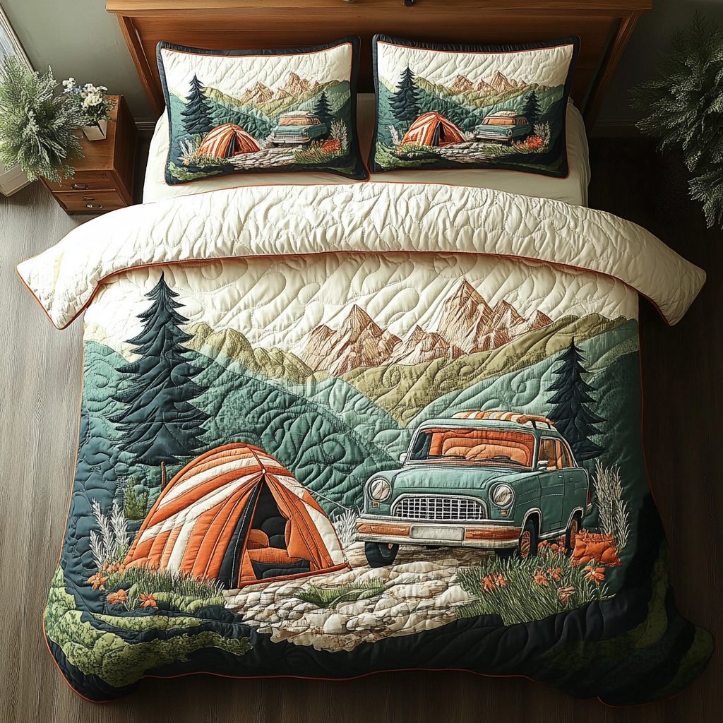 Forest Journey quilted 3-piece bedding set on a made bed with two matching pillow shams