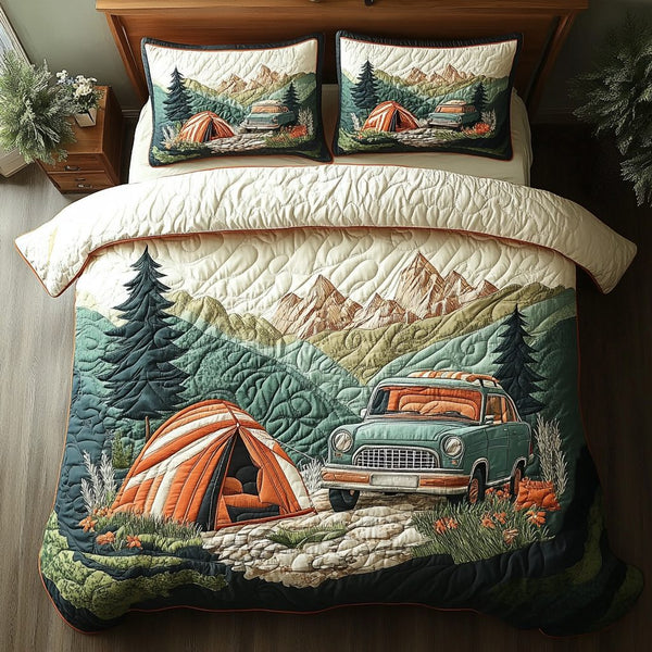 Forest Journey quilted 3-piece bedding set on a made bed with two matching pillow shams