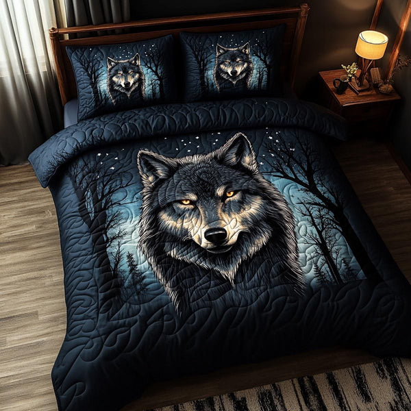 Forest Keeper quilted 3-piece bedding set on a made bed with two matching pillow shams