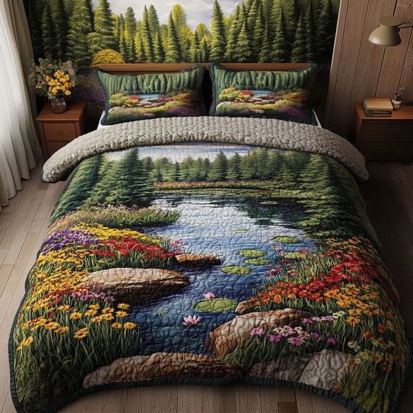 Forest Lake Serenity quilted 3-piece bedding set on a made bed with two matching pillow shams