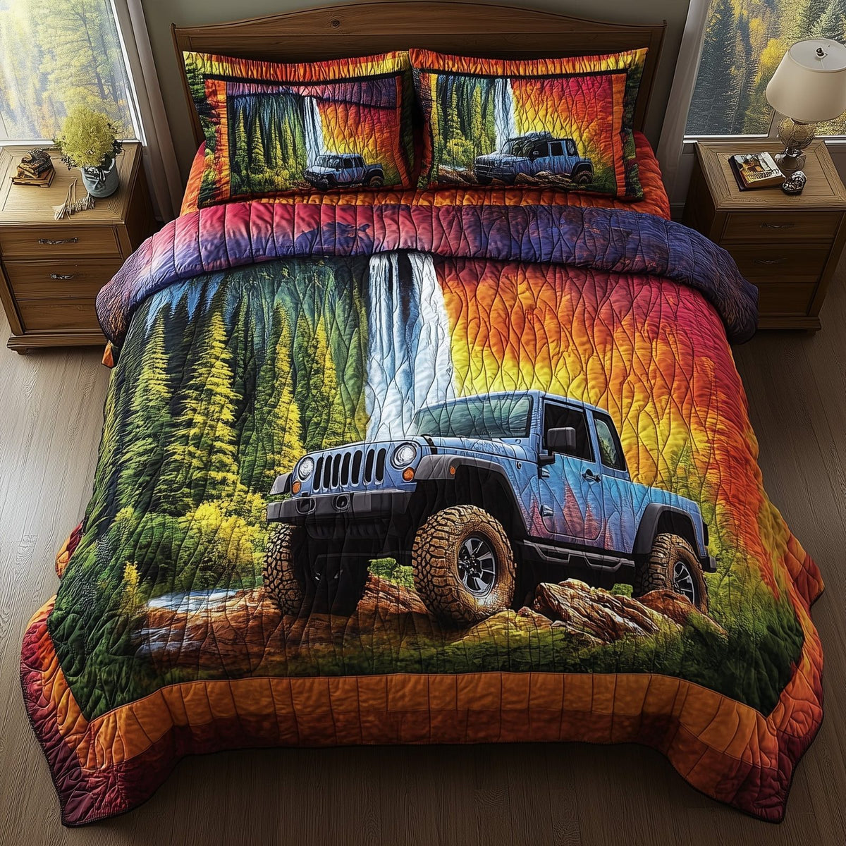 Forest Legend quilted 3-piece bedding set on a made bed with two matching pillow shams