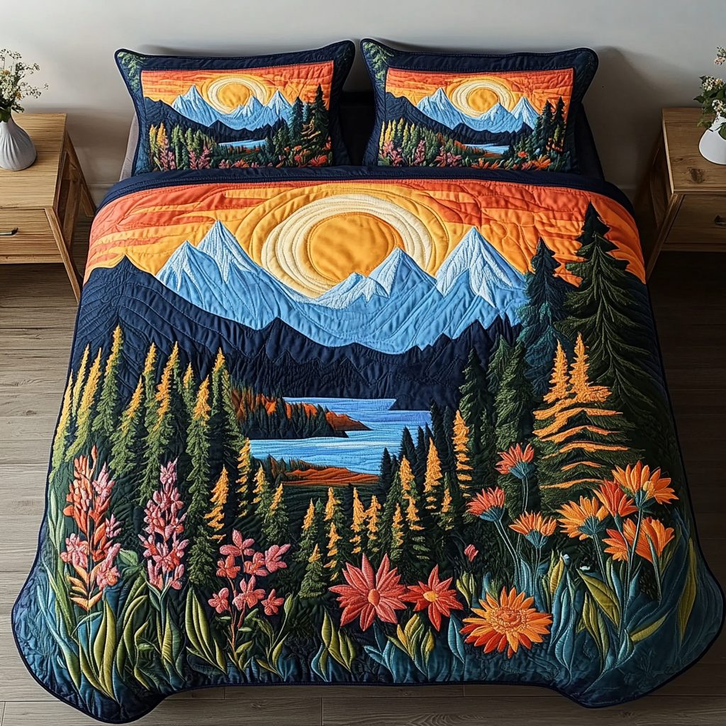 Forest Light quilted 3-piece bedding set on a made bed with two matching pillow shams