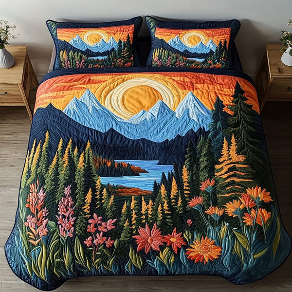 Forest Light quilted 3-piece bedding set on a made bed with two matching pillow shams