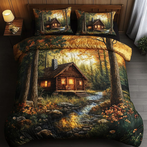 Forest Log Cabin quilted 3-piece bedding set on a made bed with two matching pillow shams
