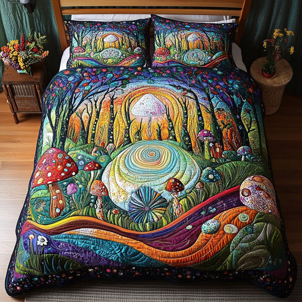 Forest Magic quilted 3-piece bedding set on a made bed with two matching pillow shams