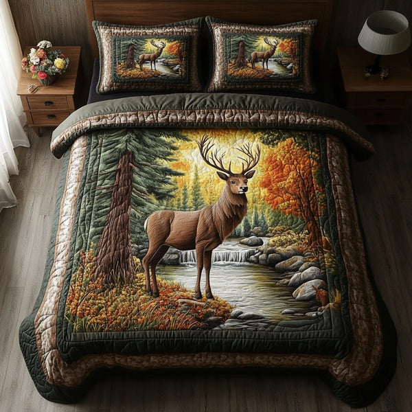Forest Majesty quilted 3-piece bedding set on a made bed with two matching pillow shams