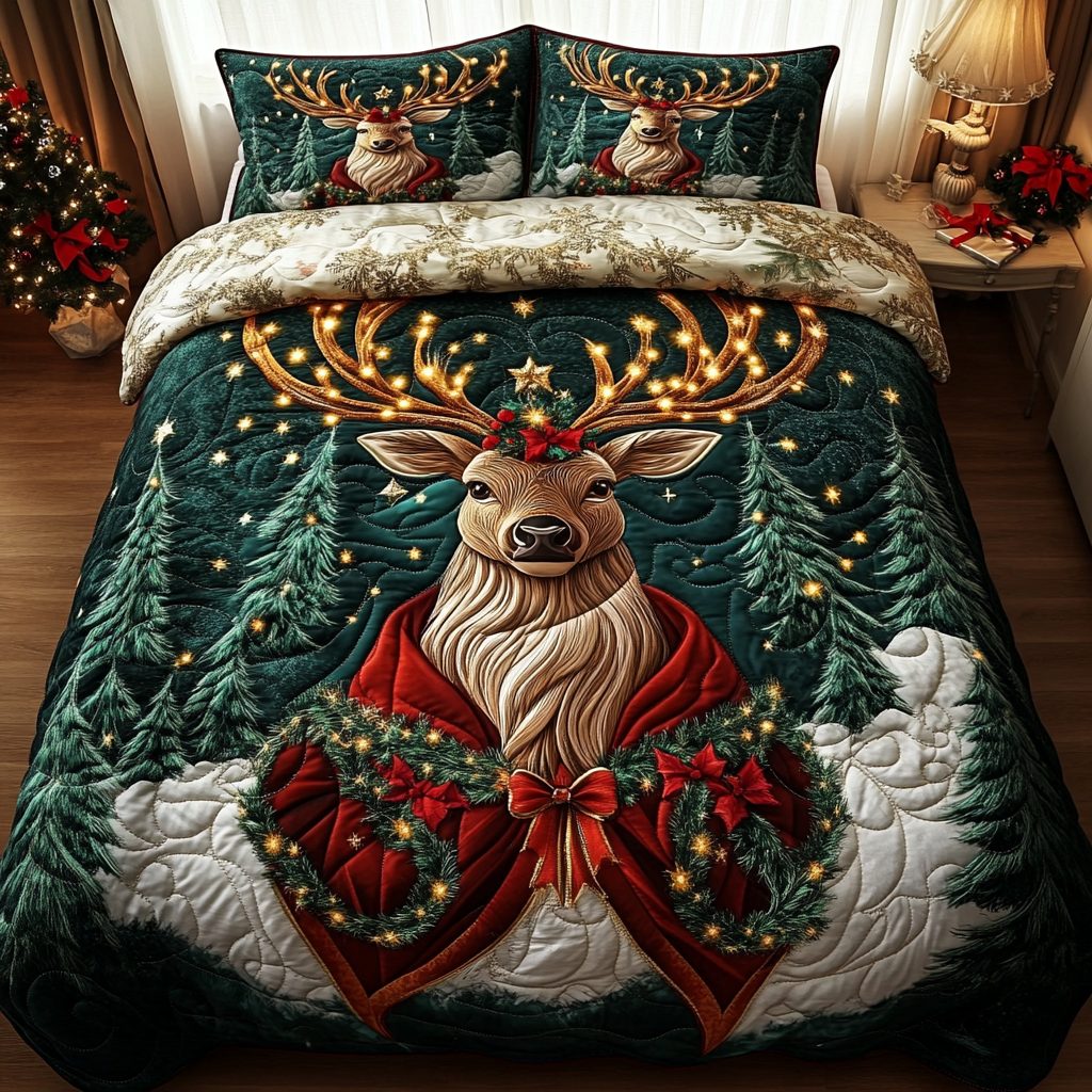 Forest Majesty quilted 3-piece bedding set on a made bed with two matching pillow shams