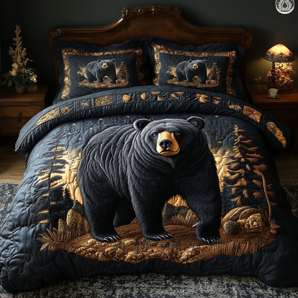 Forest Majesty quilted 3-piece bedding set on a made bed with two matching pillow shams