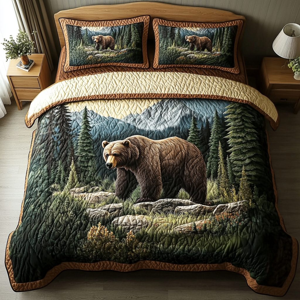 Forest Majesty quilted 3-piece bedding set on a made bed with two matching pillow shams