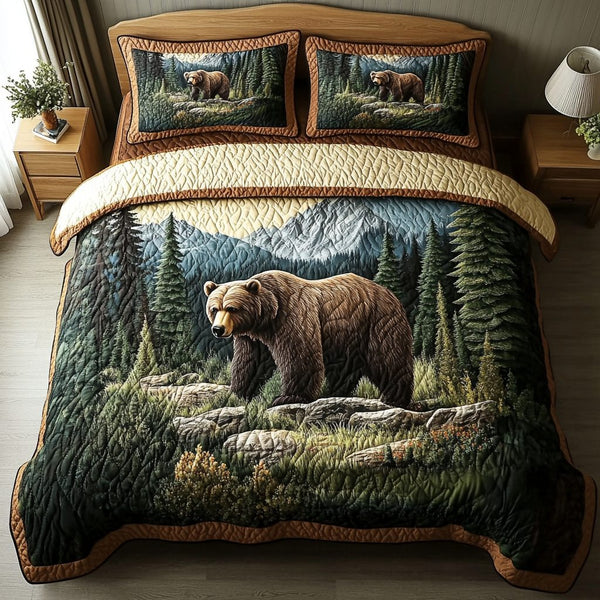 Forest Majesty quilted 3-piece bedding set on a made bed with two matching pillow shams