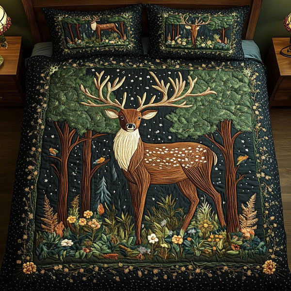 Forest Majesty quilted 3-piece bedding set on a made bed with two matching pillow shams