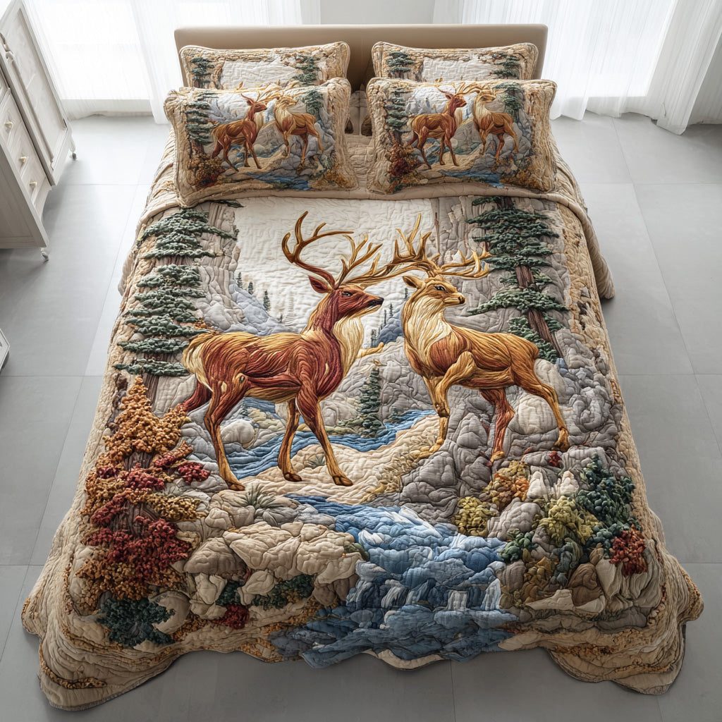 Forest Majesty quilted 3-piece bedding set on a made bed with two matching pillow shams
