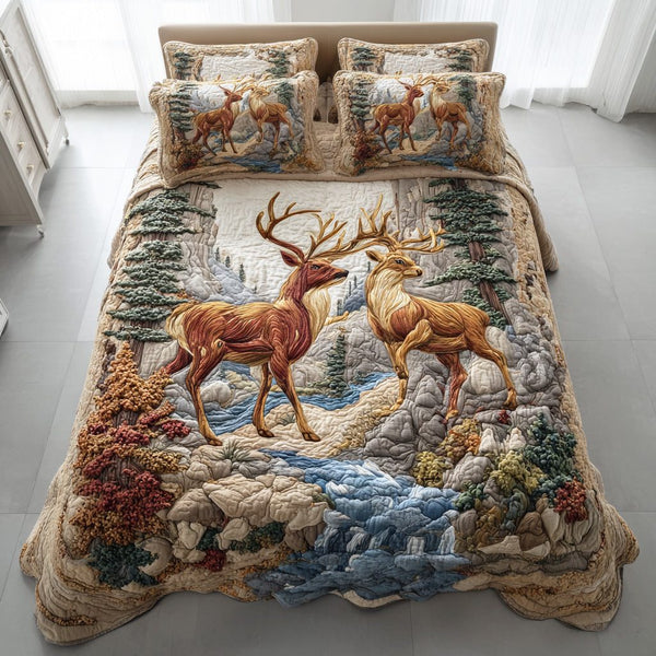 Forest Majesty quilted 3-piece bedding set on a made bed with two matching pillow shams