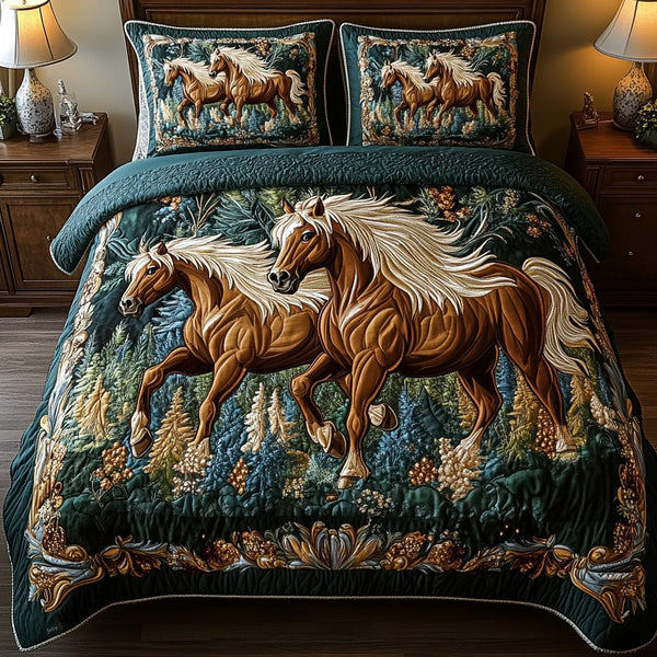 Forest Majesty quilted 3-piece bedding set on a made bed with two matching pillow shams
