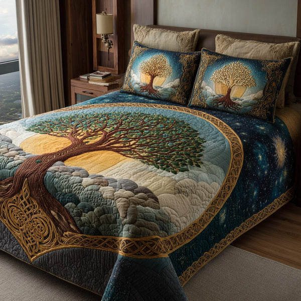 Forest Mandala quilted 3-piece bedding set on a made bed with two matching pillow shams