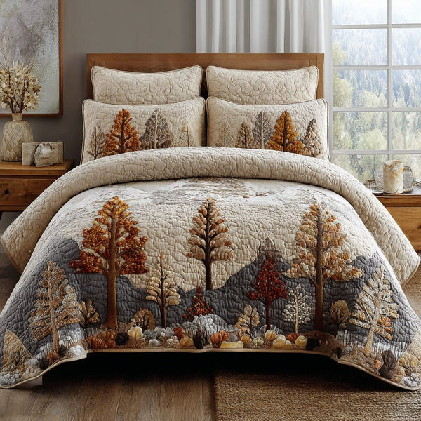 Forest Meadow quilted 3-piece bedding set on a made bed with two matching pillow shams
