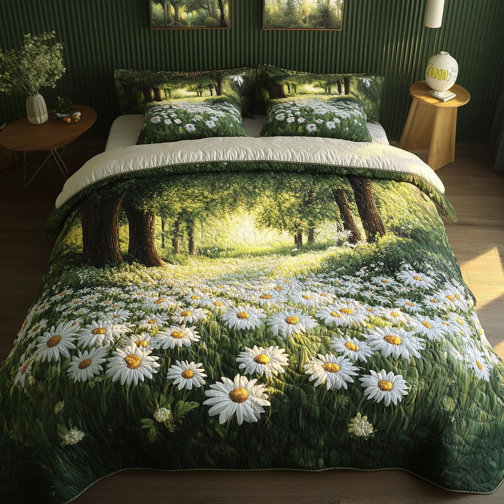 Forest Meadow quilted 3-piece bedding set on a made bed with two matching pillow shams