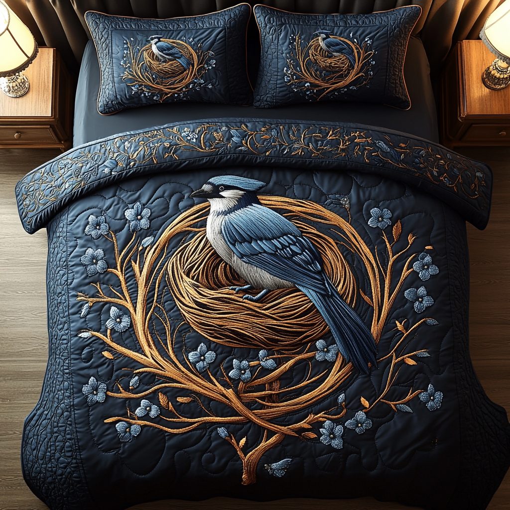 Forest Melody quilted 3-piece bedding set on a made bed with two matching pillow shams