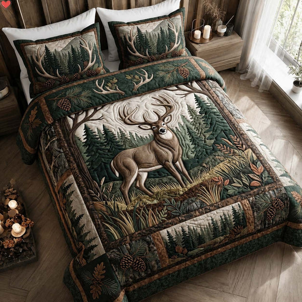 Forest Monarch quilted 3-piece bedding set on a made bed with two matching pillow shams