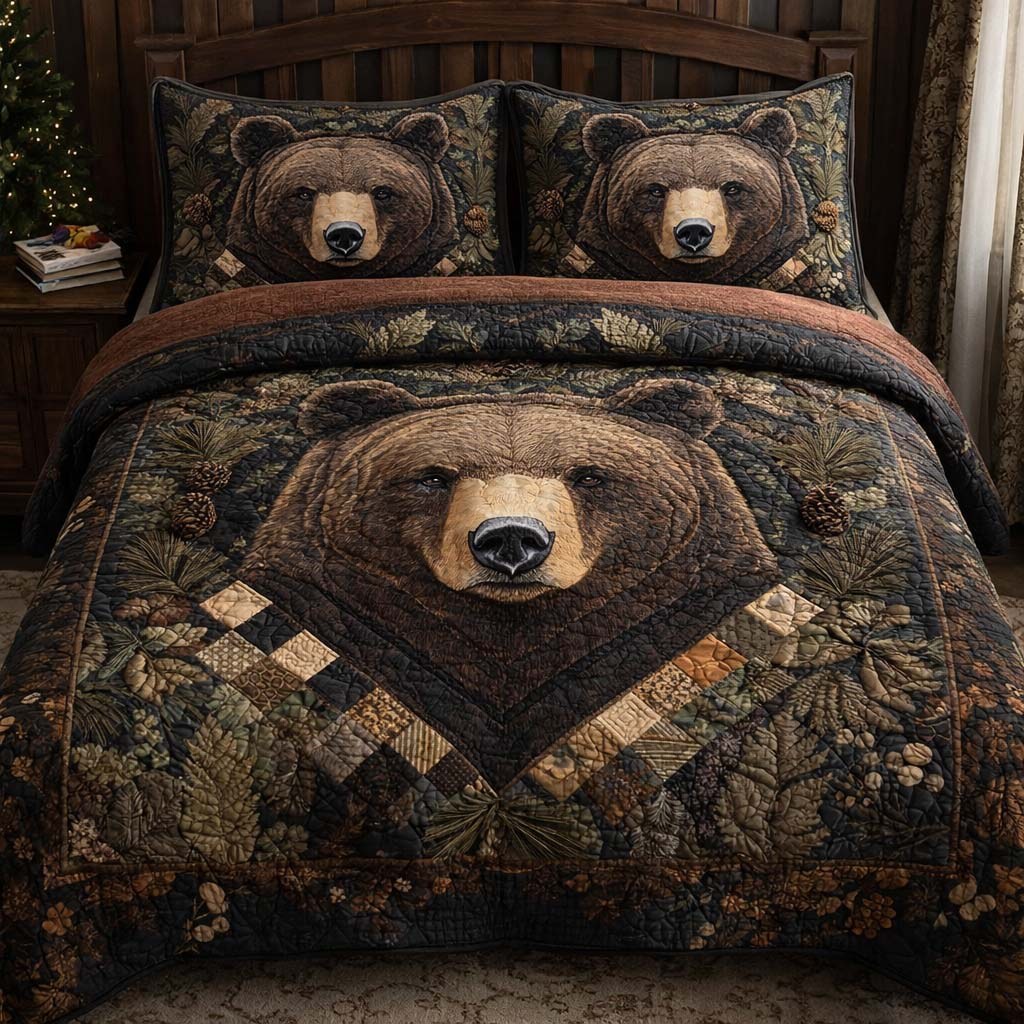 Forest Monarch quilted 3-piece bedding set on a made bed with two matching pillow shams