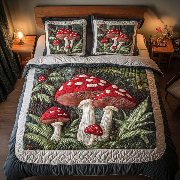 Forest Mushroom Bliss quilted 3-piece bedding set on a made bed with two matching pillow shams