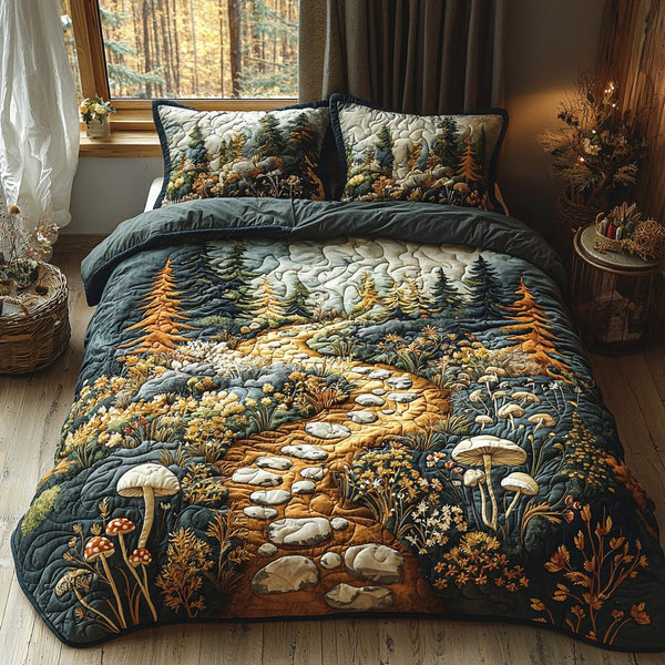 Forest Mushroom Path quilted 3-piece bedding set on a made bed with two matching pillow shams