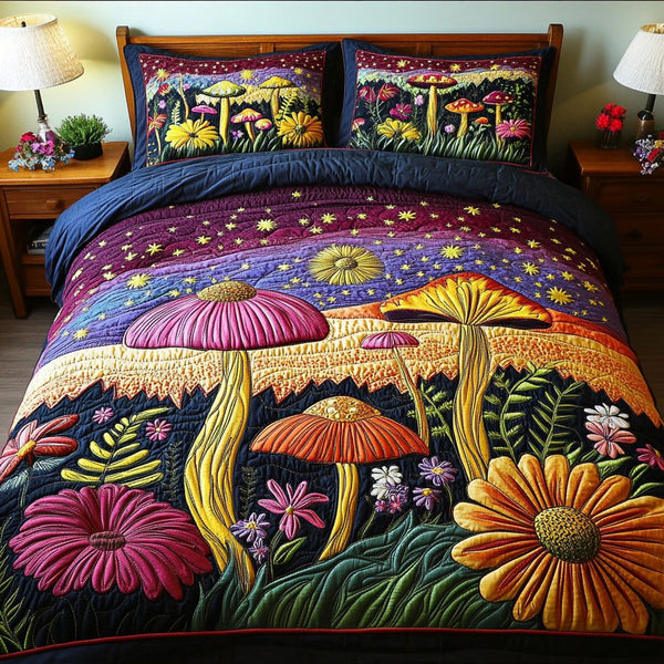 Forest Mushroom quilted 3-piece bedding set on a made bed with two matching pillow shams