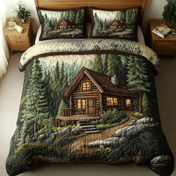 Forest Nest quilted 3-piece bedding set on a made bed with two matching pillow shams