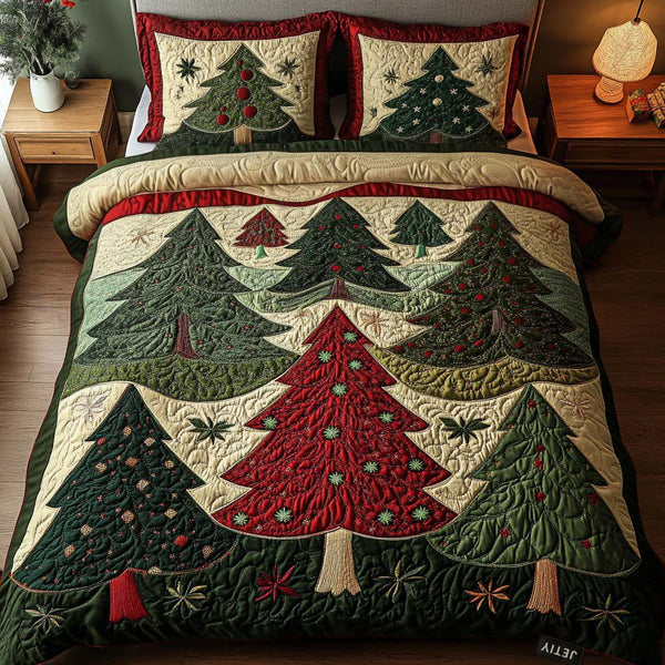 Forest Of Joy quilted 3-piece bedding set on a made bed with two matching pillow shams
