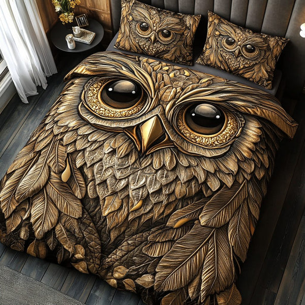 Forest Owl quilted 3-piece bedding set on a made bed with two matching pillow shams
