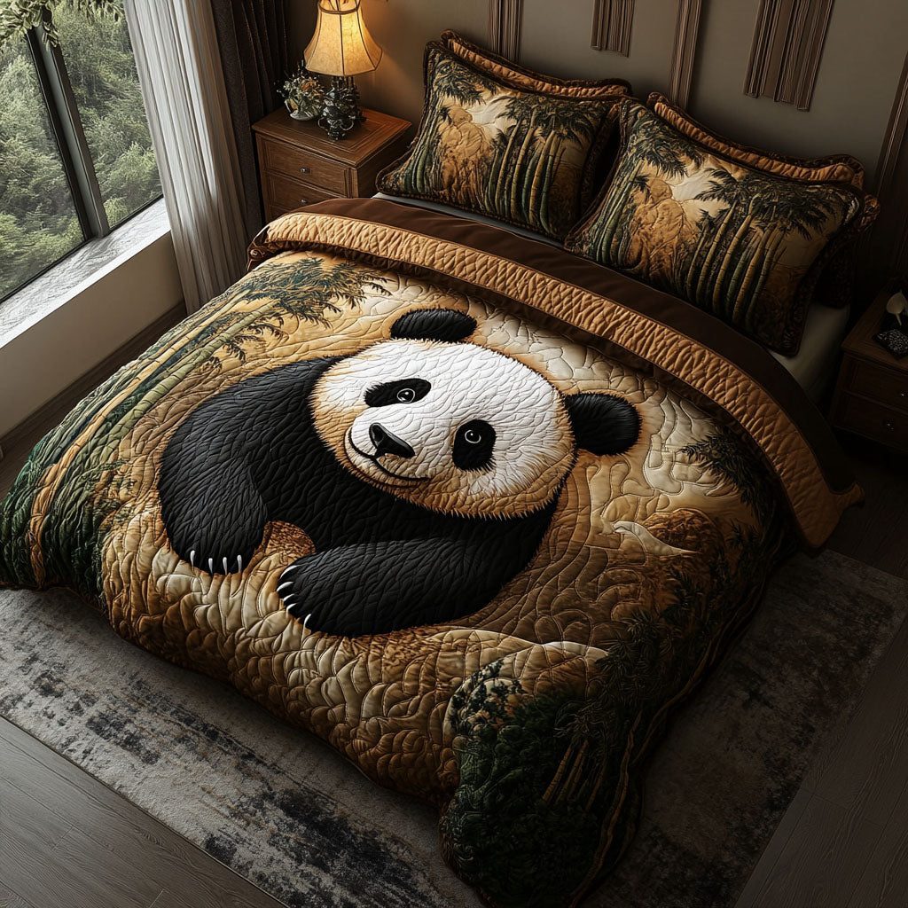 Forest Panda Charm quilted 3-piece bedding set on a made bed with two matching pillow shams