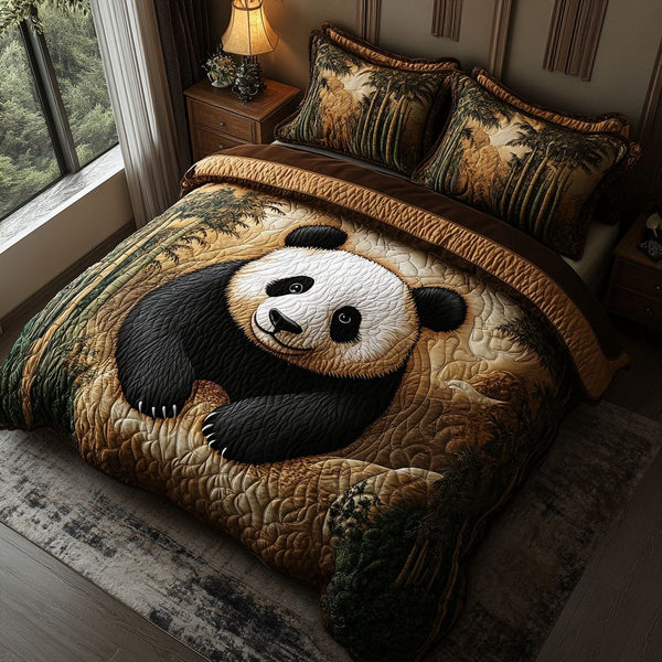 Forest Panda Charm quilted 3-piece bedding set on a made bed with two matching pillow shams