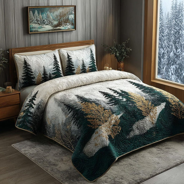 Forest Path quilted 3-piece bedding set on a made bed with two matching pillow shams