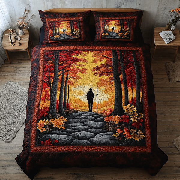 Forest Path quilted 3-piece bedding set on a made bed with two matching pillow shams
