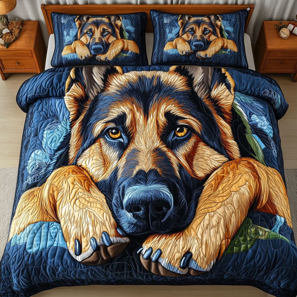 Forest Path quilted 3-piece bedding set on a made bed with two matching pillow shams