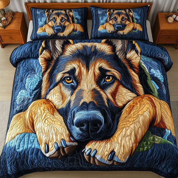 Forest Path quilted 3-piece bedding set on a made bed with two matching pillow shams
