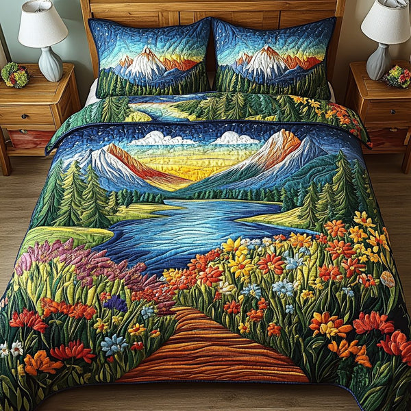 Forest Path quilted 3-piece bedding set on a made bed with two matching pillow shams