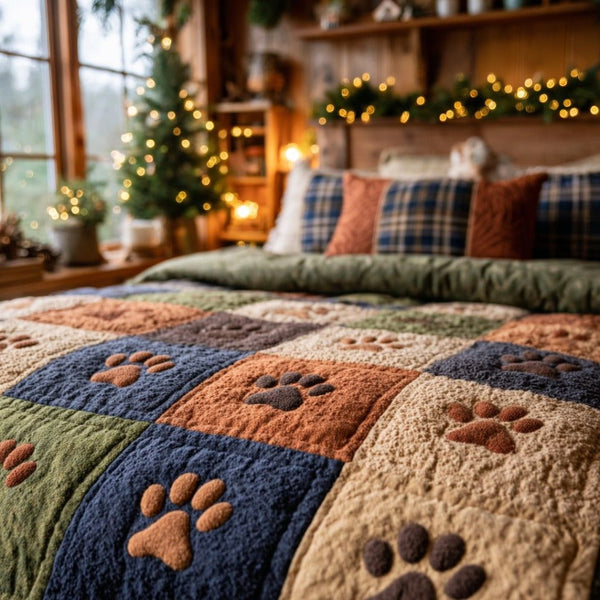 Forest Paw Path quilted 3-piece bedding set on a made bed with two matching pillow shams