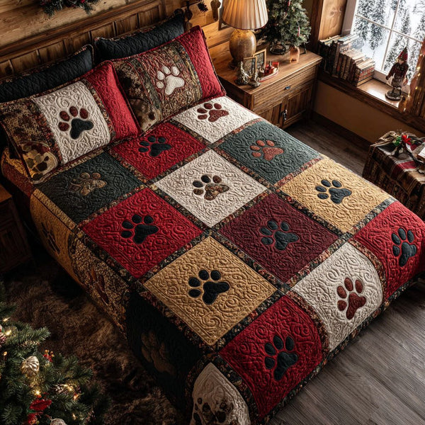 Forest Paws quilted 3-piece bedding set on a made bed with two matching pillow shams