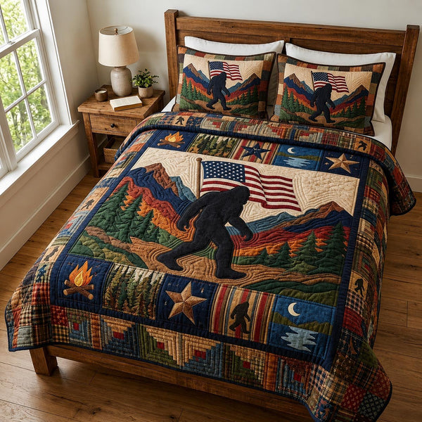 Forest Peace quilted 3-piece bedding set on a made bed with two matching pillow shams