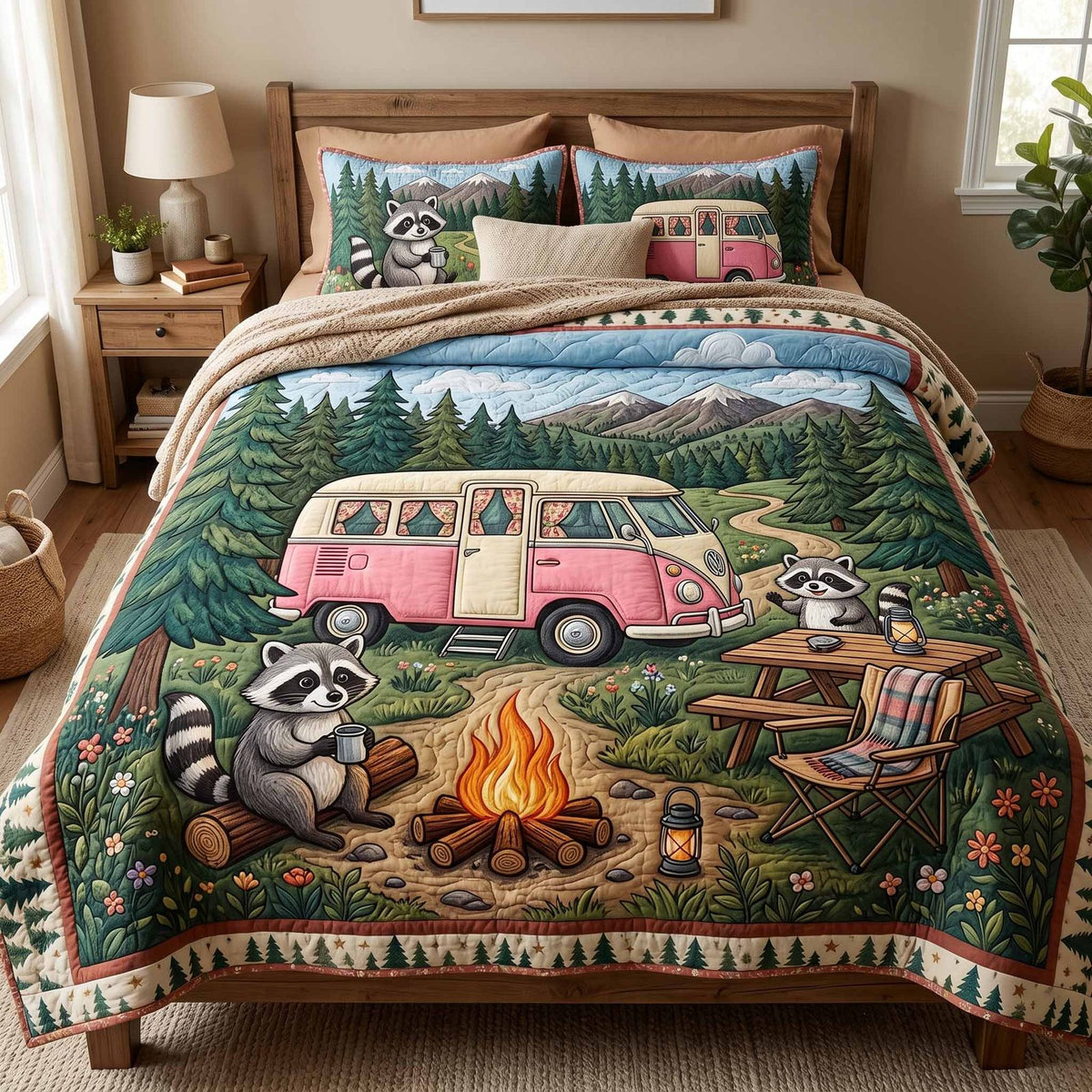 Forest Picnic quilted 3-piece bedding set on a made bed with two matching pillow shams