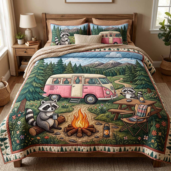 Forest Picnic quilted 3-piece bedding set on a made bed with two matching pillow shams