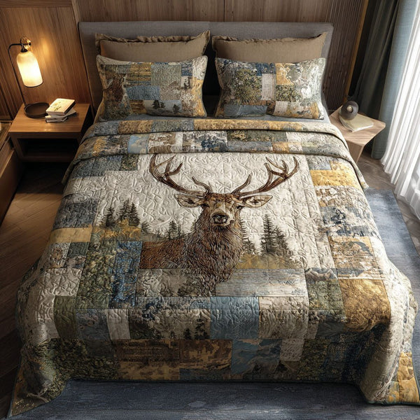 Forest Pursuit quilted 3-piece bedding set on a made bed with two matching pillow shams